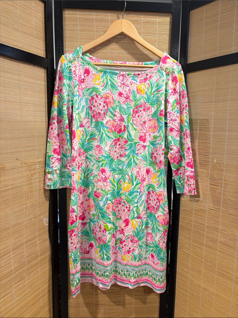 Lilly Pulitzer Pink & Green Floral Boatneck Midi Dress